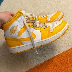 Nike Women's Yellow and White Air Jordan 1 Mid Sneakers